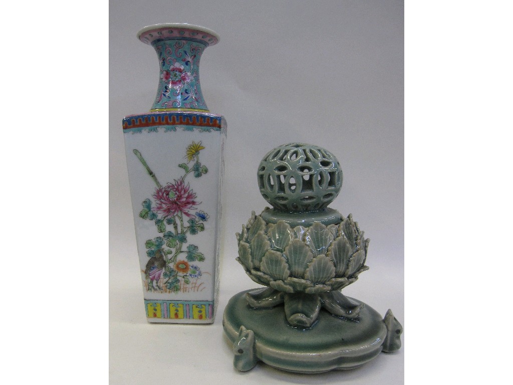 Appraisal: Celadon glazed censor with rabbit feet and a famille rose