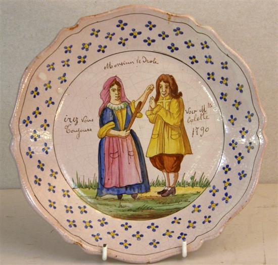 Appraisal: French faience plate late th century painted in coloured glazes