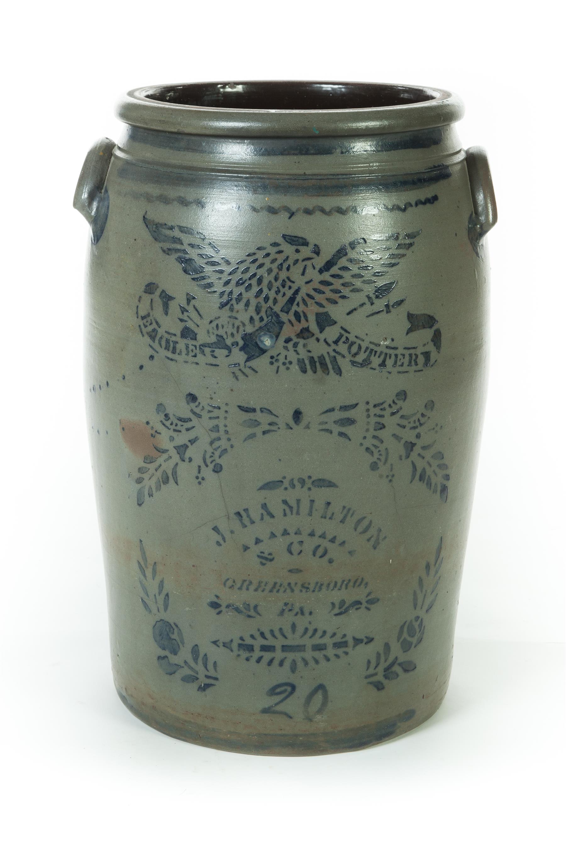 Appraisal: TWENTY-GALLON PENNSYLVANIA DECORATED STONEWARE CROCK Second half- th century Cobalt