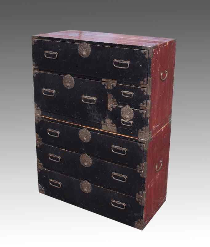 Appraisal: JAPANESE PIECE CAMPAIGN CHEST ON CHEST Red stain and black