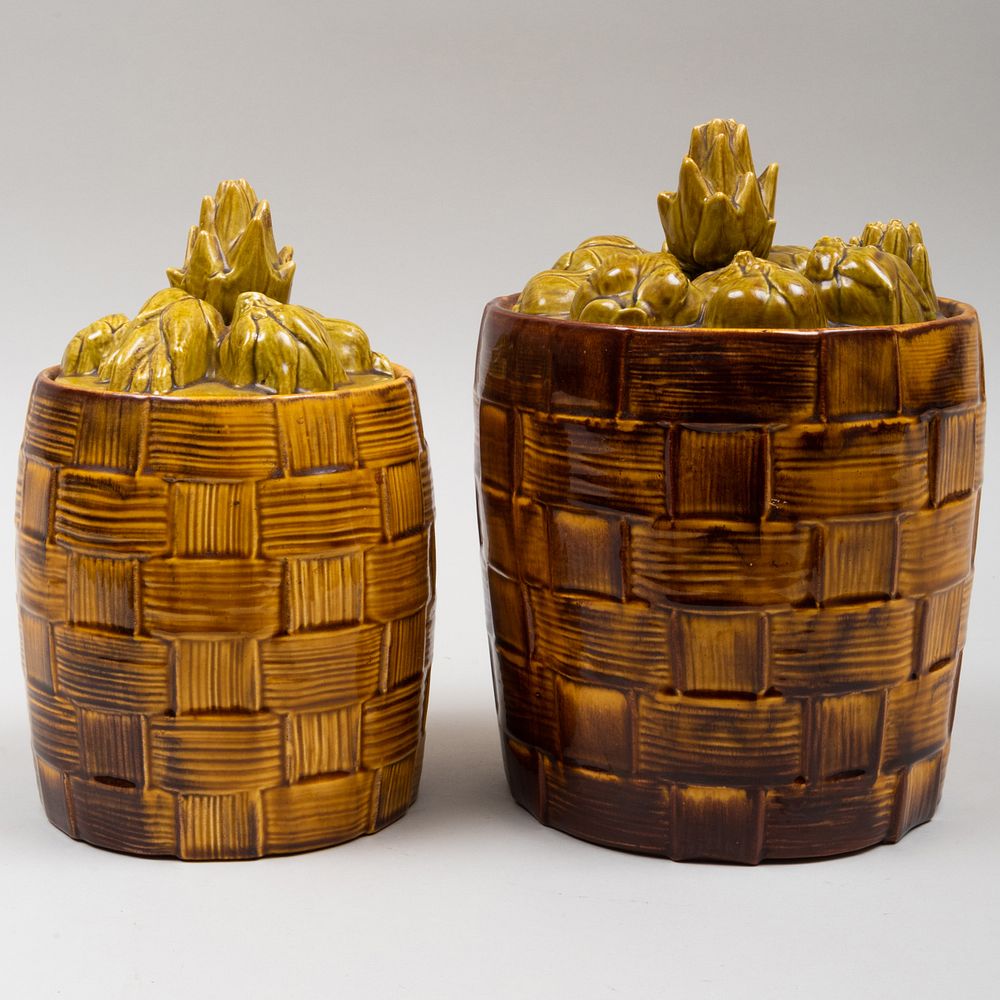 Appraisal: Two Glazed Ceramic Baskets of Artichoke Form Cannisters Unmarked The