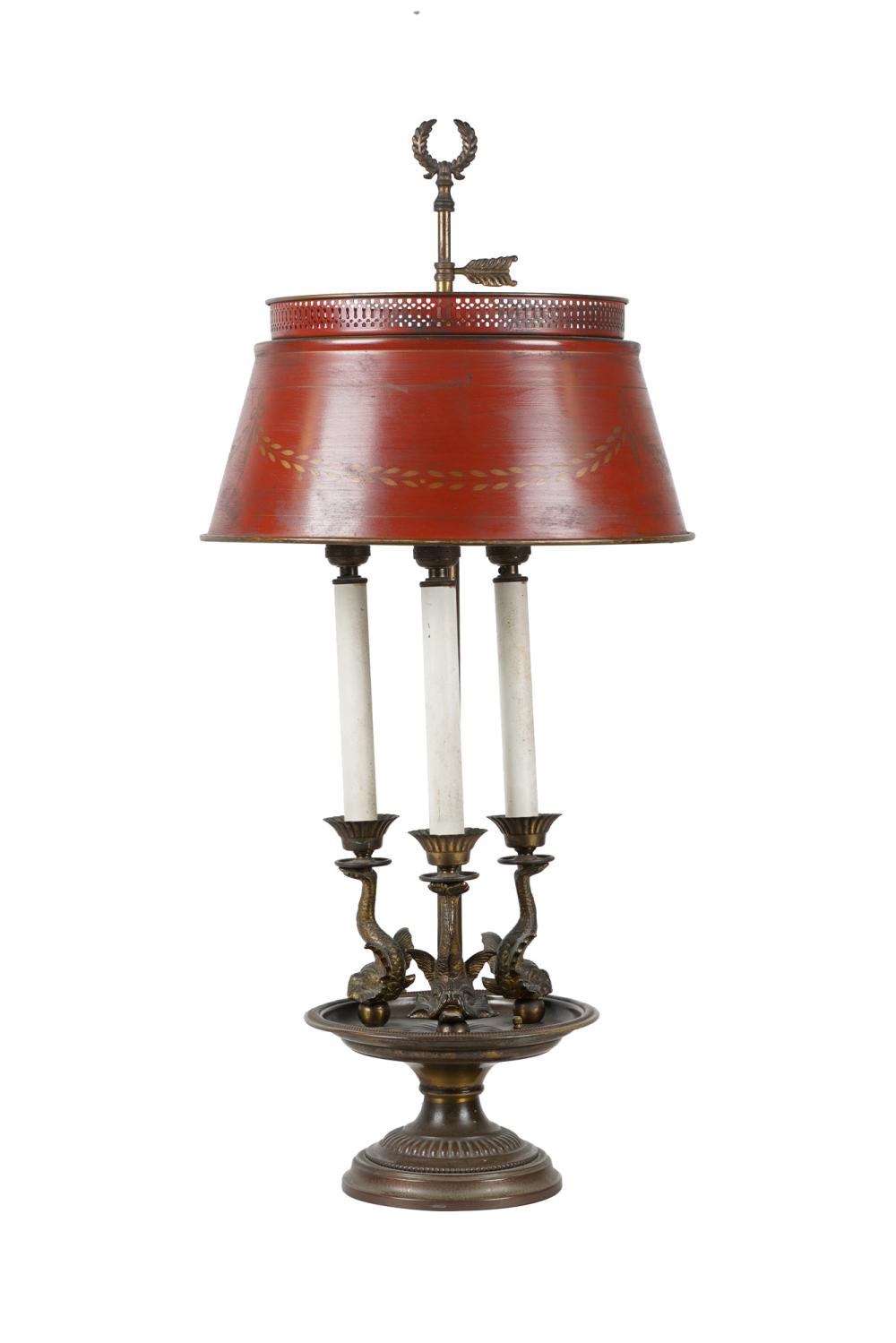 Appraisal: BOUILLOTTE TABLE LAMPwith gilt-decorated red-painted tole shade over three sockets