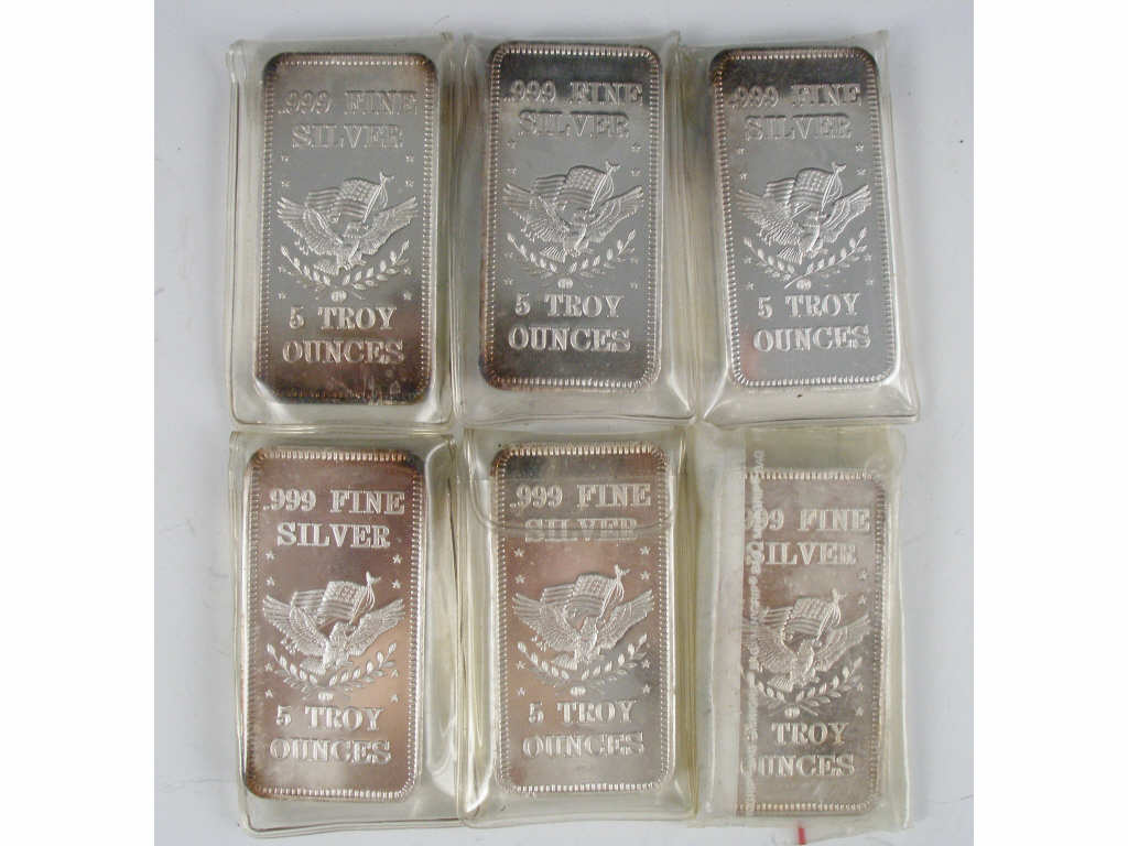 Appraisal: Six Troy Ounce Silver Bars all marked APM ounces of