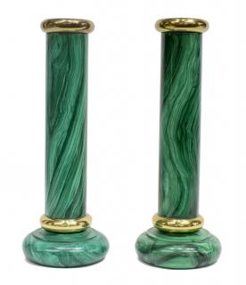 Appraisal: FORNASETTI STYLE FAUX MALACHITE CANDLESTICKS pair Tall Italian faux malachite