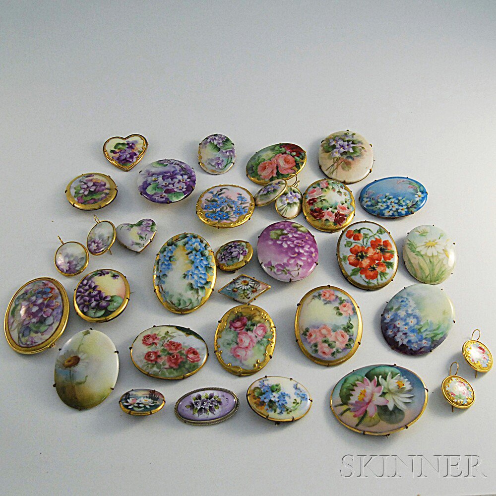 Appraisal: Thirty-three Pieces of Floral-painted and Enameled Jewelry brooches and earrings