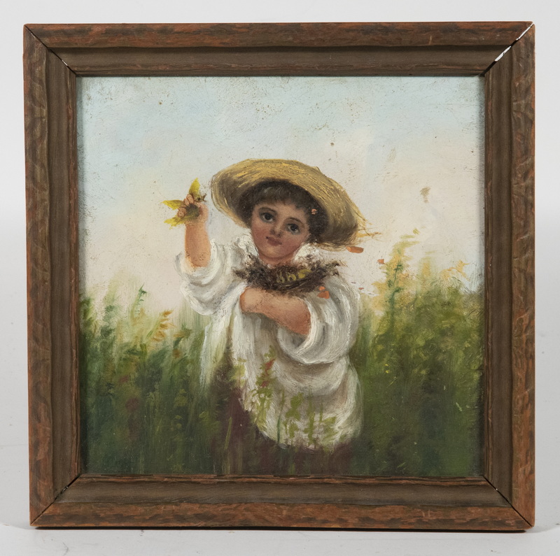 Appraisal: PAINTING ON MINTON'S CERAMIC TILE Little Girl with Nest of