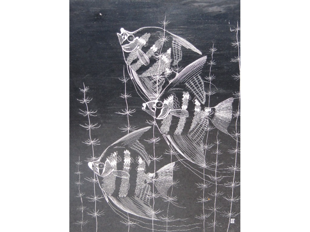 Appraisal: FIONA LETTICE CHOLUER ADELES Wood engraving 'Angel Fish' monogrammed