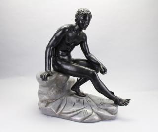 Appraisal: Large Antique Bronze Seated Narcissus on a marble Dimensions x