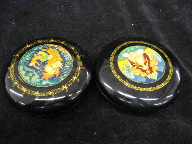 Appraisal: Russian Lacquerware Round Boxes fairy tale scenes '' diameter signed