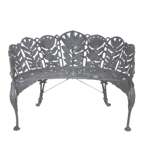 Appraisal: GARDENWARE Demi-lune garden bench with tobacco leaf back scroll seat