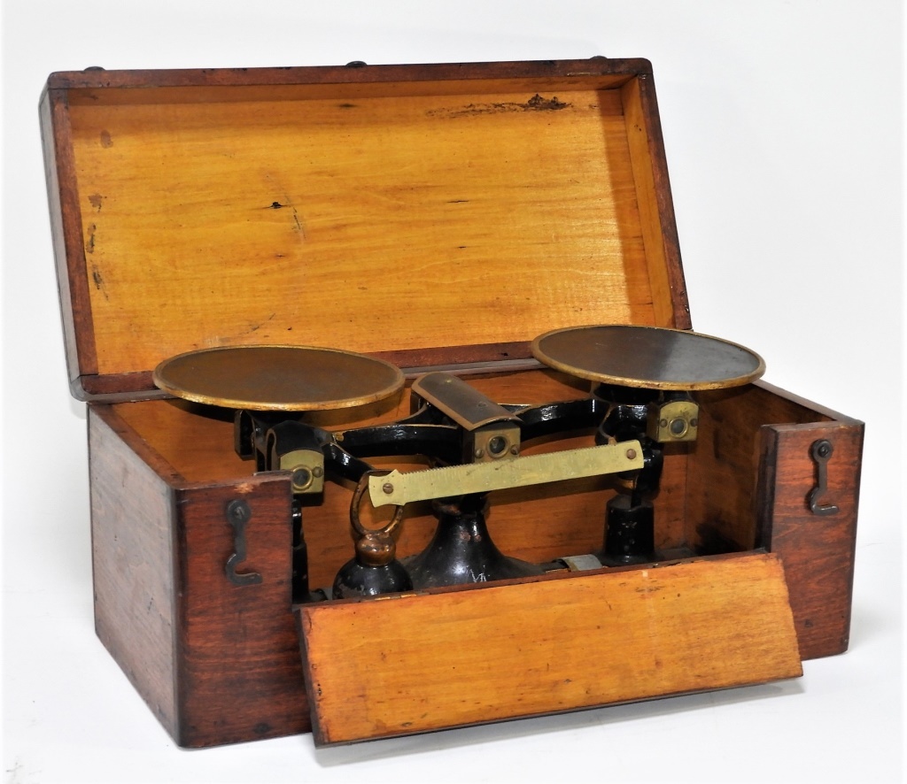 Appraisal: WOOD CASED FAIRBANKS BRASS BALANCE SCALE United States Early th