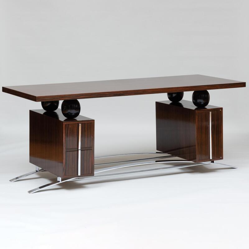 Appraisal: Art Deco Style Macassar Ebony Desk with Arched Chrome Base