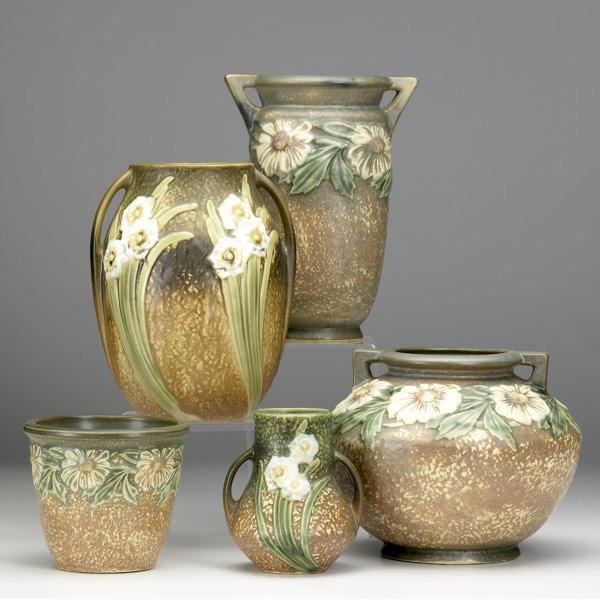 Appraisal: ROSEVILLE Five vases Jonquil and latter with foil label Dahlrose