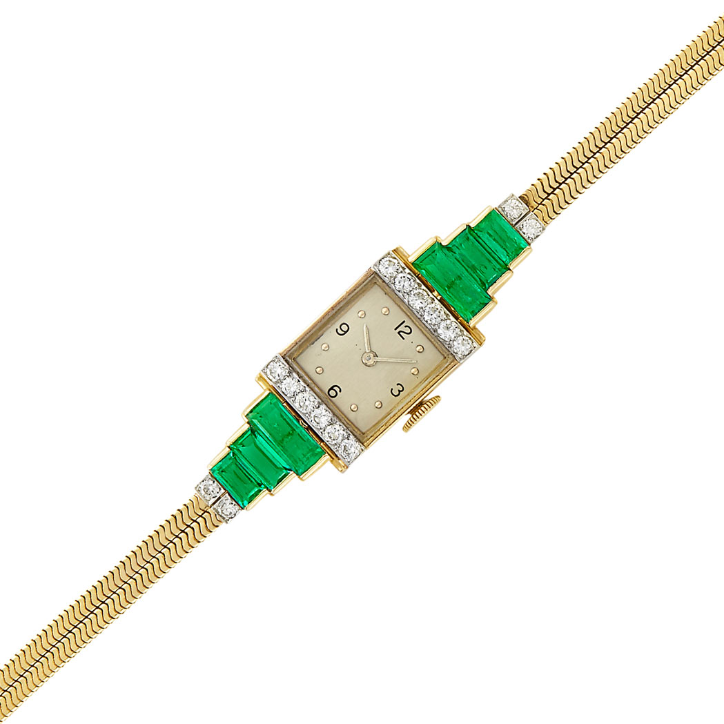 Appraisal: Double Strand Gold Platinum Emerald and Diamond Snake Chain Wristwatch