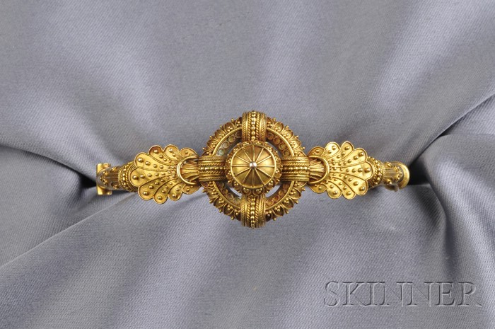 Appraisal: Etruscan Revival Gold Bracelet the hinged bangle with finely applied