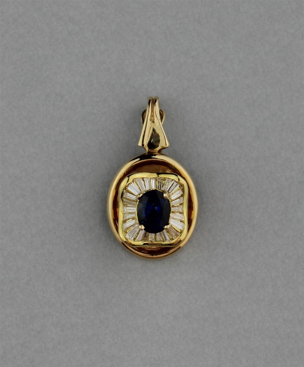 Appraisal: K YELLOW GOLD BLUE SAPPHIRE AND DIAMOND PENDANT hinged enhancer