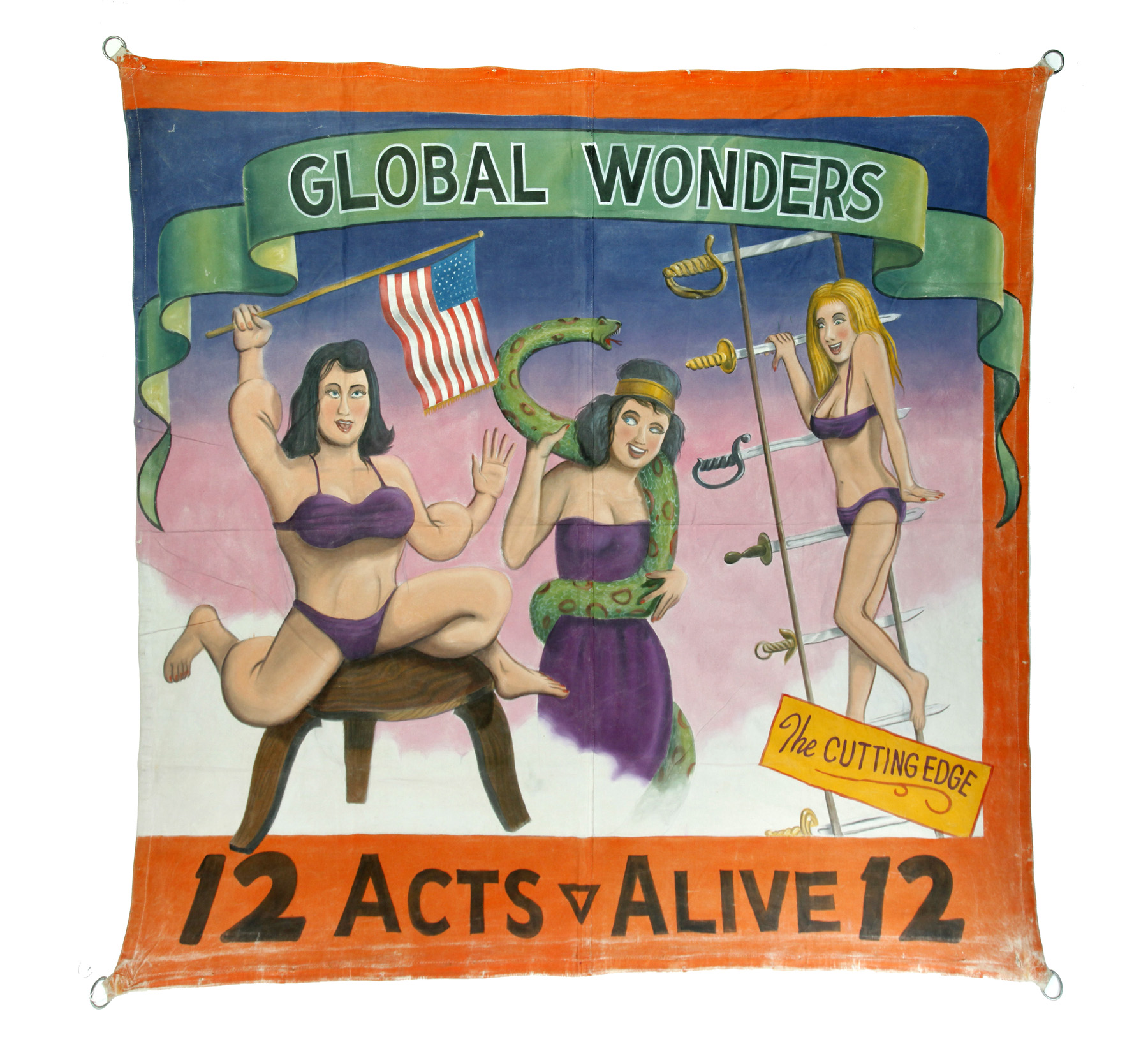 Appraisal: CIRCUS SIDE SHOW BANNER GLOBAL WONDERS THE CUTTING EDGE TWELVE