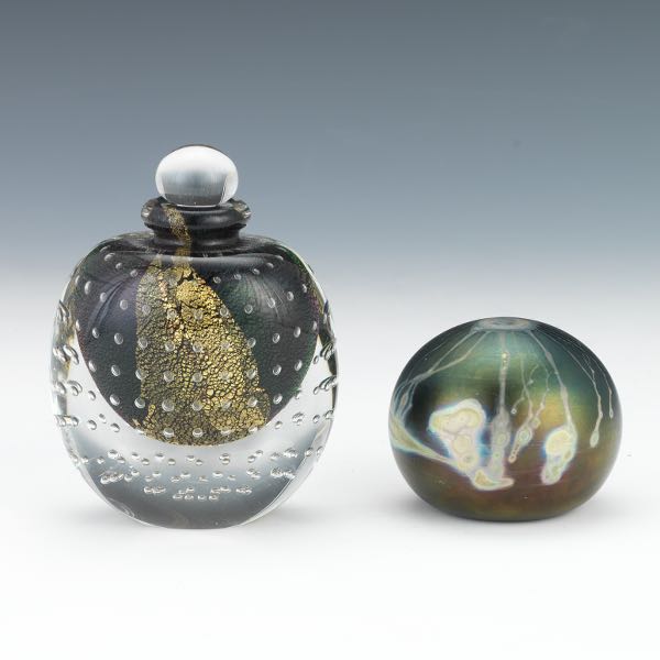 Appraisal: ART GLASS PERFUME BOTTLE AND PAPERWEIGHT Bottle x x weight