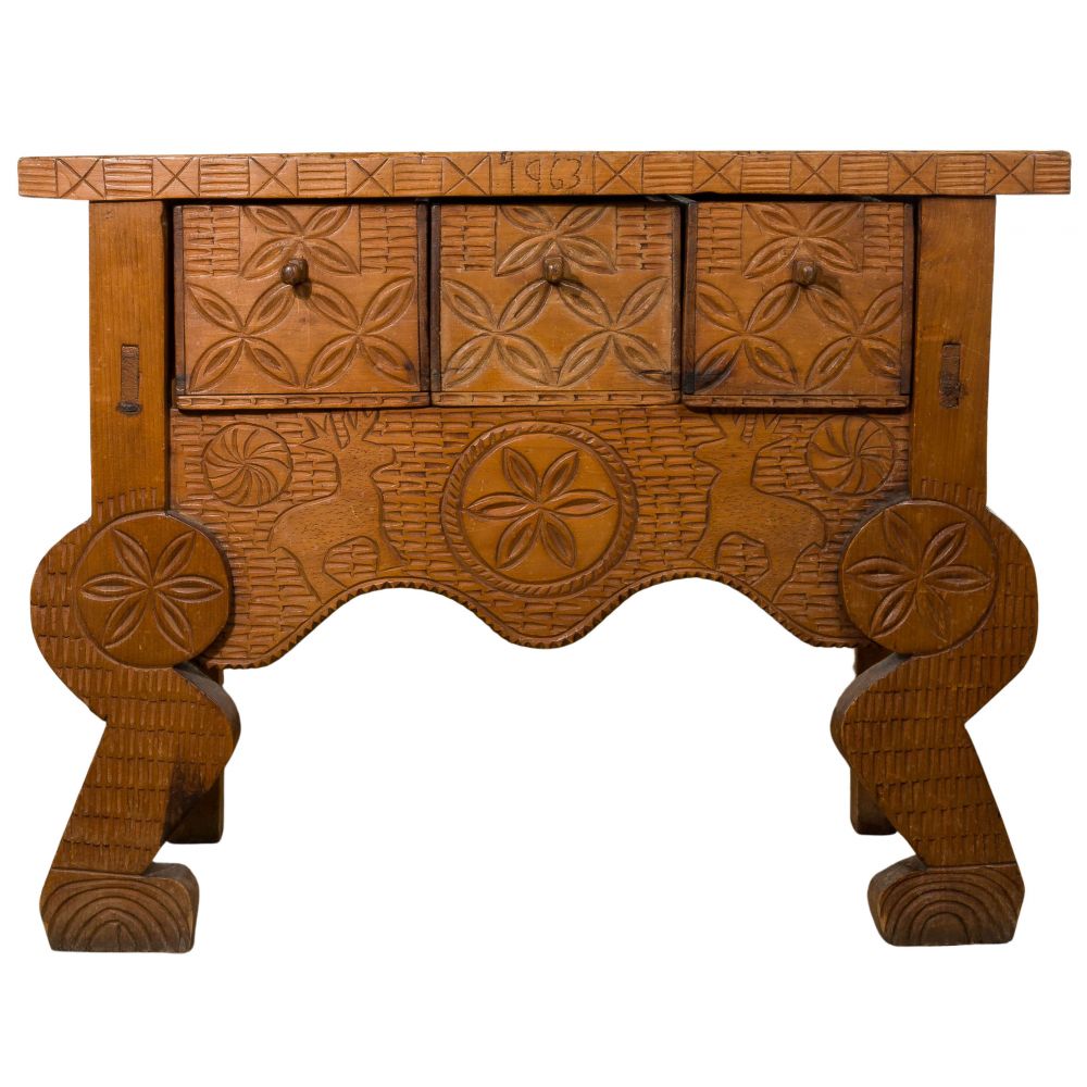 Appraisal: CARVED WOOD CONSOLE TABLEHaving drawers serpentine apron and front legs