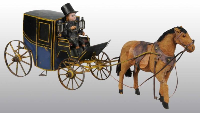 Appraisal: Tin Hand-Painted Horse-Drawn Carriage Pull Toy Description European Includes driver