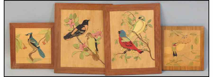 Appraisal: GROUP OF FOUR INLAID WOOD BIRD PLAQUES Painted Bunting ''