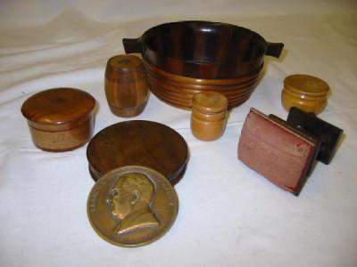 Appraisal: A SMALL COLLECTION OF TREEN including a Tunbridge ware sewing