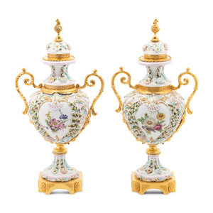 Appraisal: A Pair of Tiche Gilt Metal Mounted Porcelain Urns th