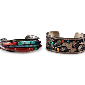 Appraisal: Navajo Silver Cuff Bracelets with Colorful Inlay second half th