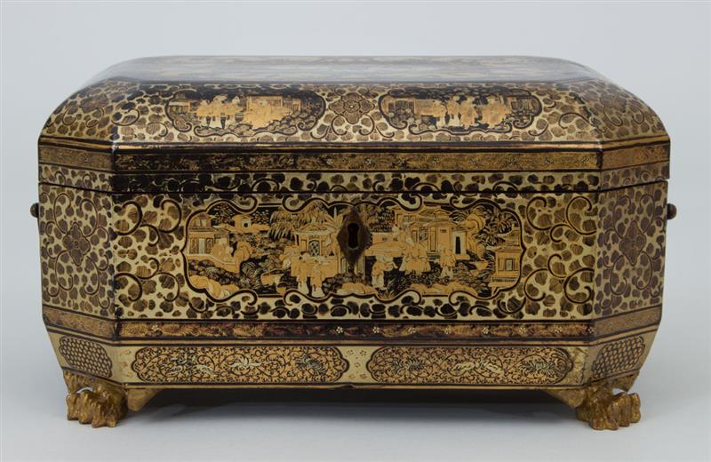 Appraisal: Chinese Export Black Lacquer and Parcel-Gilt Tea Caddy x x