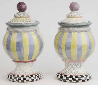 Appraisal: Pair Mackenzie brightly colored urns with yellow and blue striping