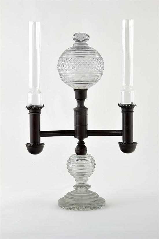 Appraisal: Anglo-American glass and bronze Argand lamp th century central cut-glass