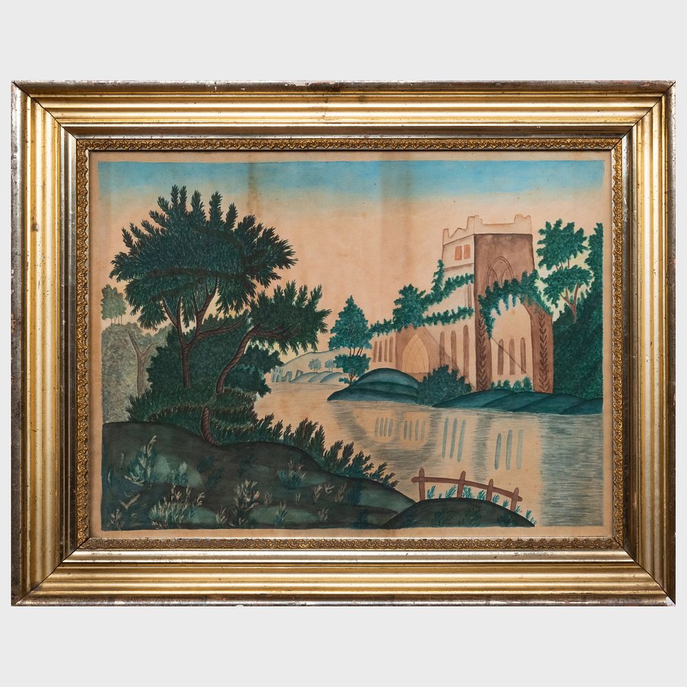 Appraisal: American School River View with Church Watercolor on paper unsigned