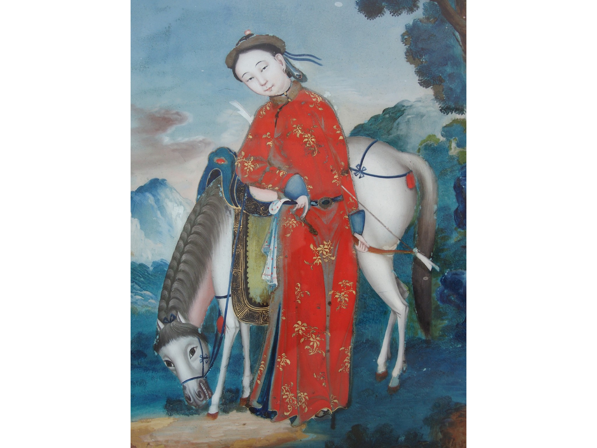 Appraisal: A Chinese reverse painted glass picture of an archerstanding with