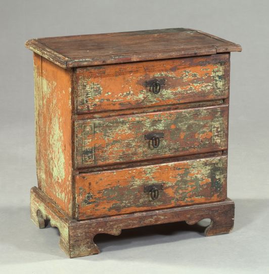 Appraisal: Rare and Diminutive George III Provincial Polychromed Three-Drawer Chest early