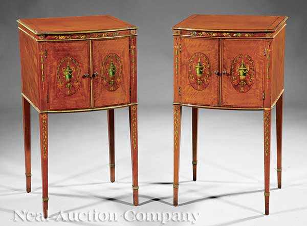 Appraisal: A Pair of Edwardian Satinwood and Paint-Decorated Commodes each with