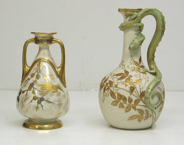 Appraisal: A Worcester porcelain ivory ground ewer and two-handled vase date