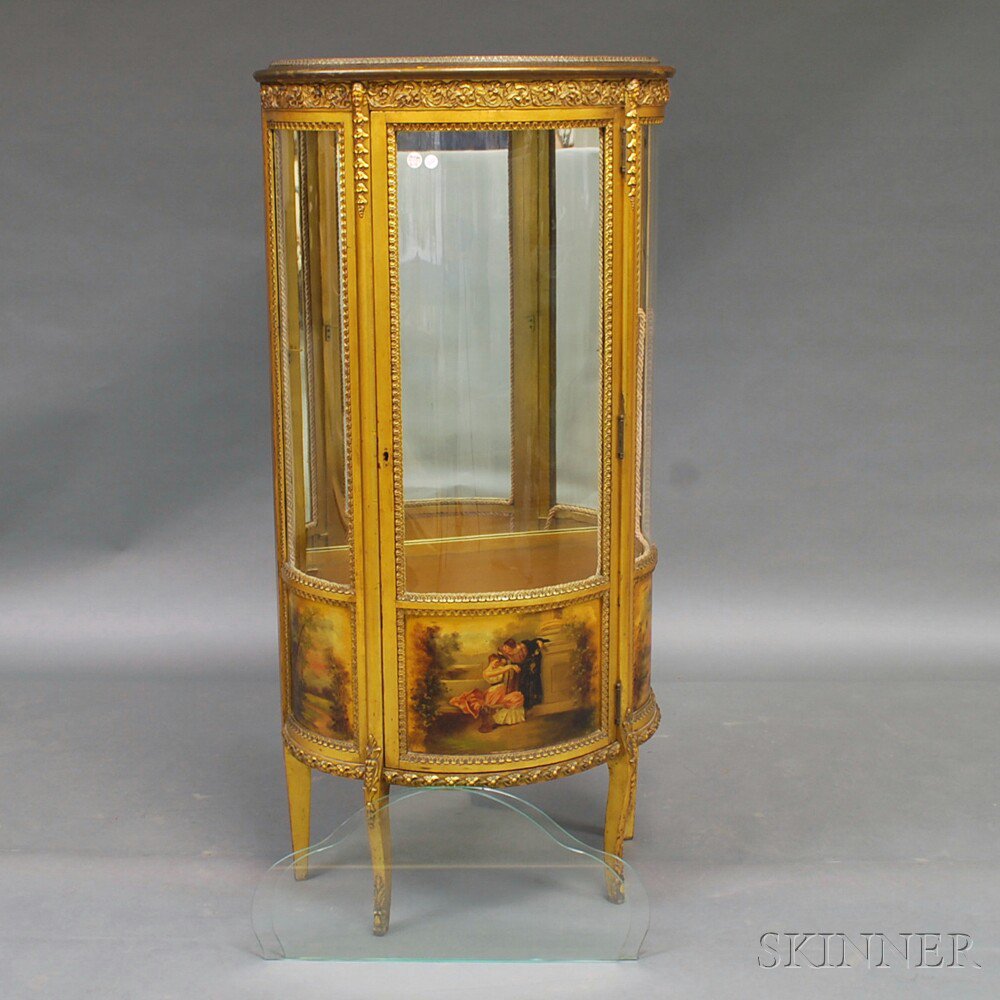 Appraisal: Louis XV-style Ormolu-mounted Display Cabinet the arched crest with painted