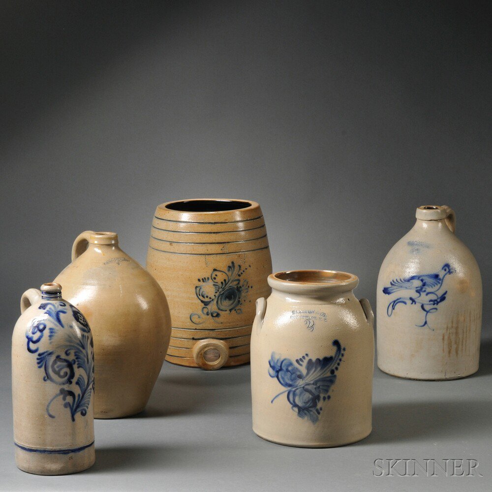 Appraisal: Five Cobalt-decorated Stoneware Items America th century a two-gallon ovoid