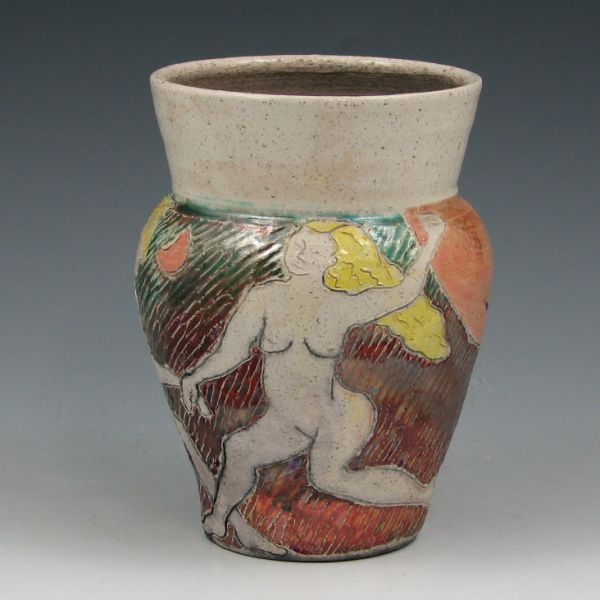 Appraisal: Contemporary studio pottery vase with nude figures with an iridescent