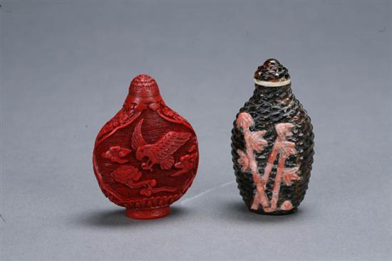 Appraisal: TWO SNUFF BOTTLES China late th-early th century Carved cinnabar