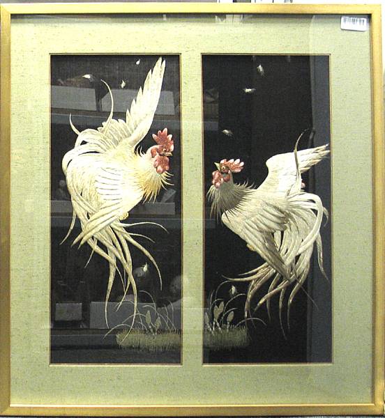 Appraisal: Two embroidered silk panels Each framed and glazed depicting two