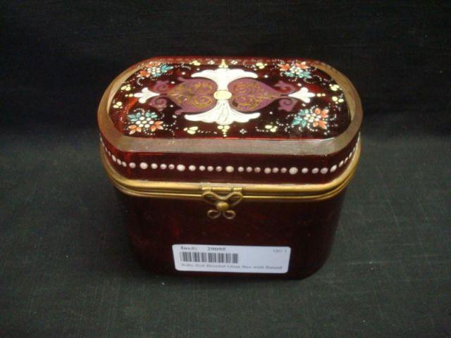 Appraisal: Ruby Red Beveled Glass Box with Raised Painted Decoration Possibly