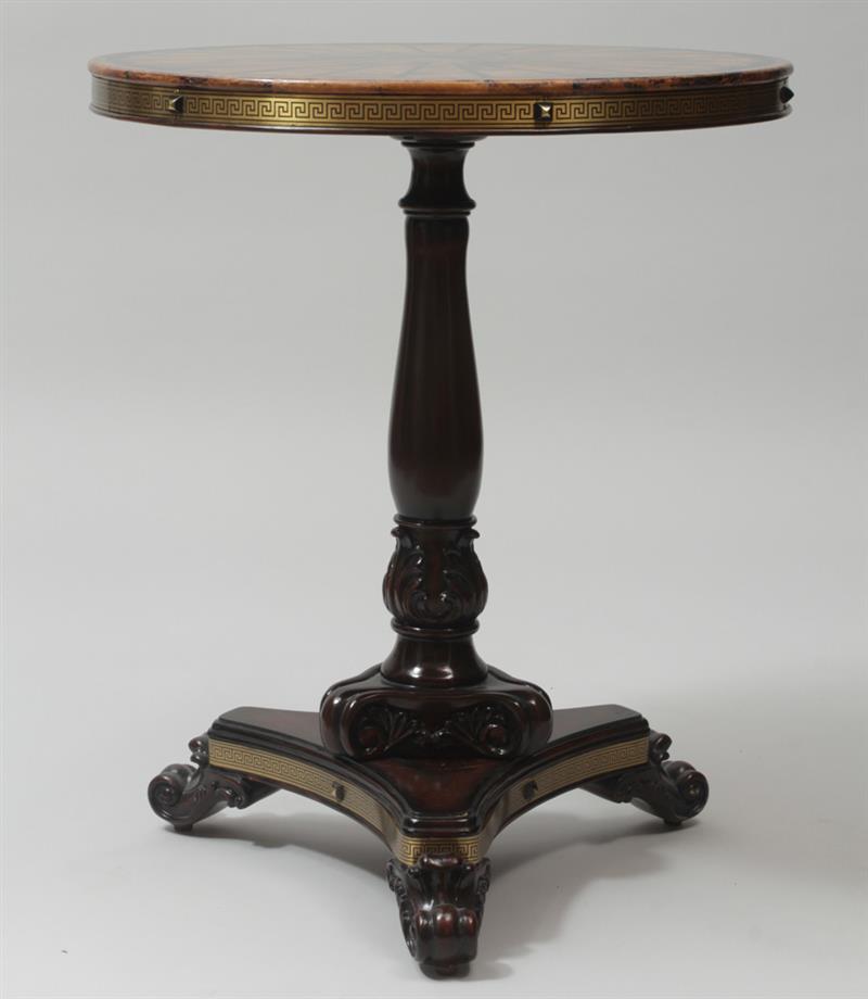 Appraisal: Regency Style Brass and Burlwood Inlaid Pedestal Table x in