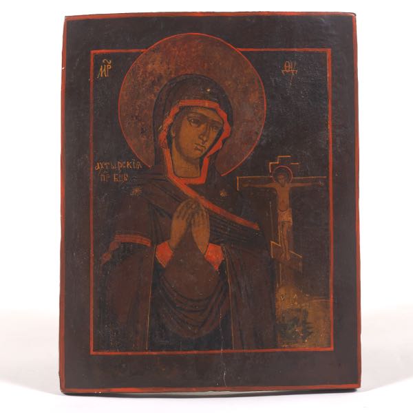 Appraisal: AKHTYRSKAY RUSSIAN ICON OF MARY x Tempera on wood panel