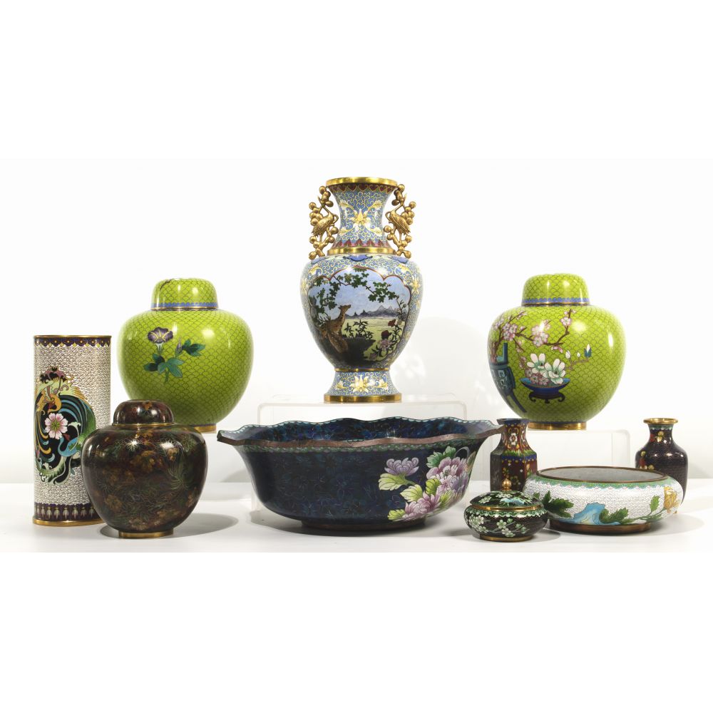 Appraisal: ASIAN CLOISONNE ASSORTMENT items having primarily botanical motifs including a