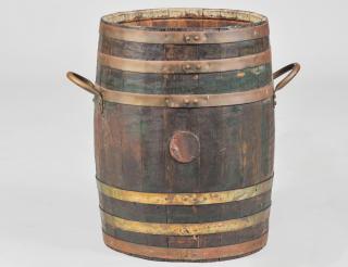 Appraisal: BRASS BOUND WOOD BARREL Circa With carrying handles Height