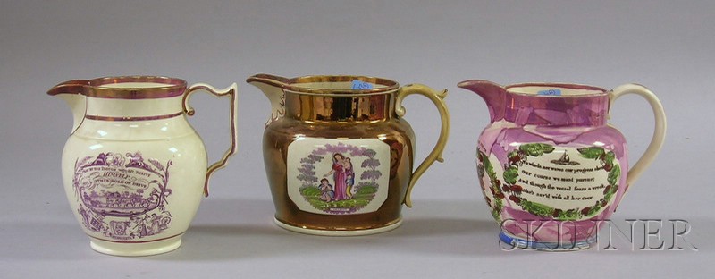 Appraisal: Three English Transfer Decorated Lustreware Jugs a copper lustre Charity