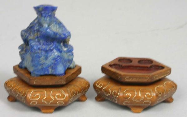 Appraisal: - Chinese Lapis Snuff Bottle with Teak Bases Chinese lapis