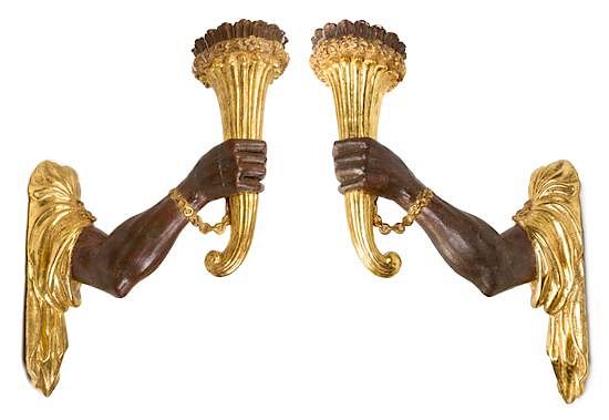 Appraisal: A Pair of Continental Painted and Parcel Gilt Sconces Height