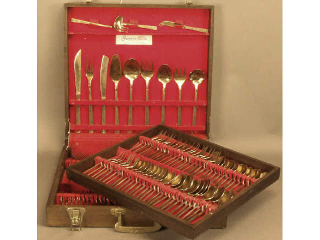 Appraisal: Fitted cased piece nickel bronze flatware serving set by James